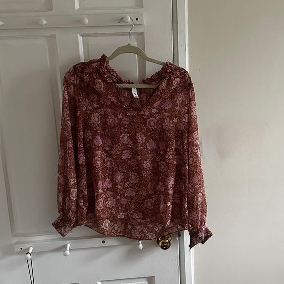 Mango Floral Long sleeve boho blouse - size Medium. Brown & pink floral. V neck - Picture 1 of 5